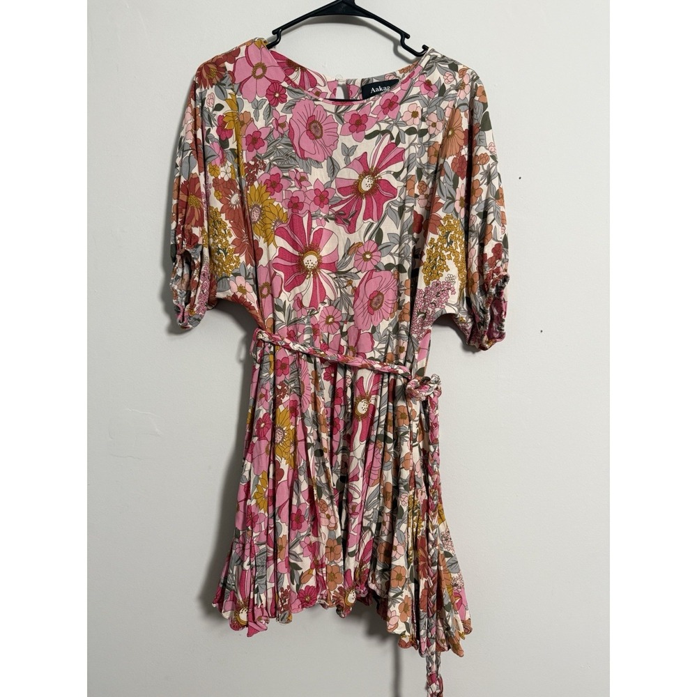 Aakaa Retro Floral Print Mini Dress Size‎ S Ruffle Belted Flowy Festival Boho